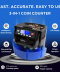 Aifieego High Speed Coin Counter Sorter And Wrapper Machine For US Dollars with LCD display, coin bin, and blue design.