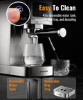 20 Bar Espresso Machine With Milk Frother And Touchscreen 1350W Power shown with removable water tank and drip tray