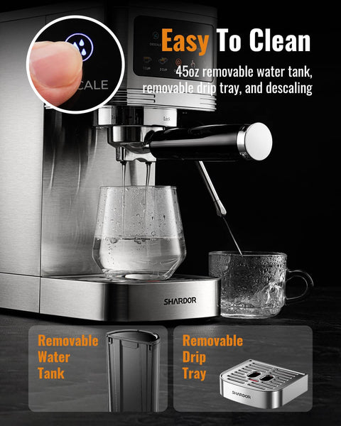 20 Bar Espresso Machine With Milk Frother And Touchscreen 1350W Power shown with removable water tank and drip tray