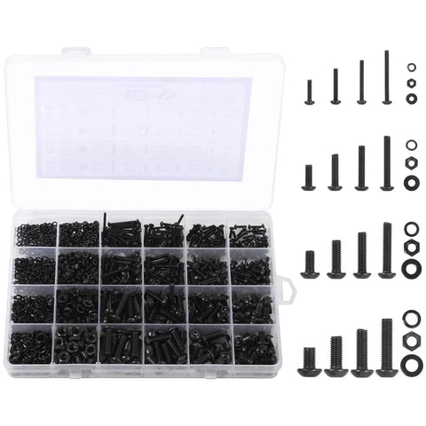 Massive 1705 Piece Machine Screw Set With Nuts And Washers, M2 To M5 Hex Button Head Screws, Flat And Lock Washers, 10.9 Grade Steel, Durable DIY Repair Kit In Handy Storage Box, assorted black fasteners in organizer