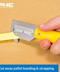 HH700 Banding And Strapping Cutter With Metal Head Concealed Blade For Easy Packaging Strap Cuts Safe Blade Change Reducing Workplace Injuries Great For Pallet Banding Plastic Straps And Heavy Duty Packaging Setups, yellow handle cutting pallet strapping