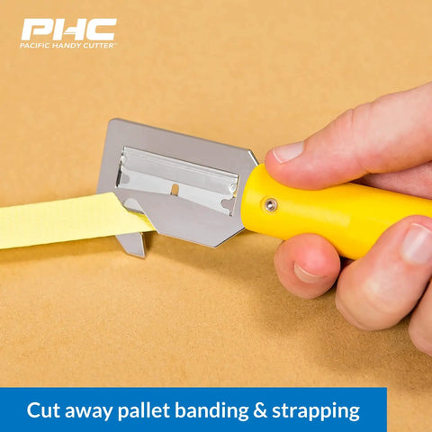 HH700 Banding And Strapping Cutter With Metal Head Concealed Blade For Easy Packaging Strap Cuts Safe Blade Change Reducing Workplace Injuries Great For Pallet Banding Plastic Straps And Heavy Duty Packaging Setups, yellow handle cutting pallet strapping