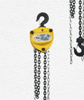Top Tier Smooth Operator 10 Ton Manual Chain Hoist With Tough Sling Hook and Quick Turn Pulley hanging with chains and hook.