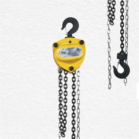 Top Tier Smooth Operator 10 Ton Manual Chain Hoist With Tough Sling Hook and Quick Turn Pulley hanging with chains and hook.