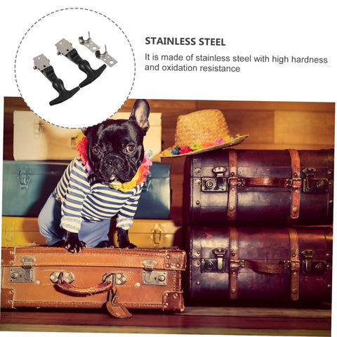 Heavy Duty T Handle Draw Latches Set In Stainless Steel with rubber shock absorption, shown above vintage suitcases with a dog.