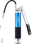 8000 PSI Heavy Duty Lever Action Grease Gun Kit With 14oz Aluminum Barrel, shown with hose and adapter accessories.