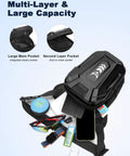 Expandable leg bag with multiple pockets showing storage capacity for motorcycle riding and outdoor adventures.