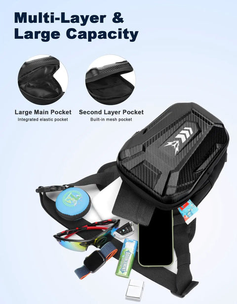 Expandable leg bag with multiple pockets showing storage capacity for motorcycle riding and outdoor adventures.