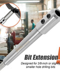 2 Piece Forstner Bit Extension Set Locks On Tight To Standard Drill Bits Adds 3.28 And 5.64 Inch Depth With A Secure Non Slip Grip Designed For Woodworkers Chasing Deeper Holes In Timber And Furniture Projects, showing a close-up of a stainless steel extension for 3/8-inch bits.