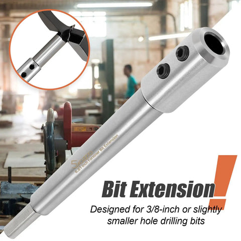 2 Piece Forstner Bit Extension Set Locks On Tight To Standard Drill Bits Adds 3.28 And 5.64 Inch Depth With A Secure Non Slip Grip Designed For Woodworkers Chasing Deeper Holes In Timber And Furniture Projects, showing a close-up of a stainless steel extension for 3/8-inch bits.
