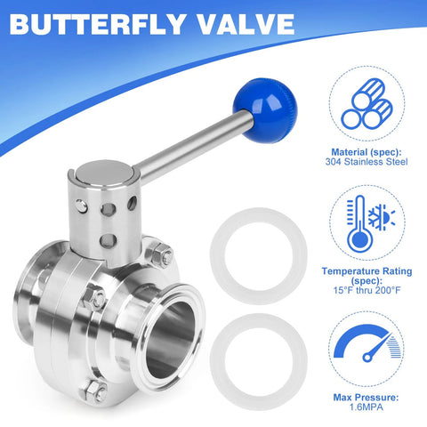 Front view: 1.5-inch stainless steel butterfly valve with tri-clamp ends and blue pull-handle; includes two white gaskets.