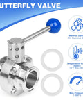 Front view of a 2-inch stainless steel butterfly valve with pull-handle and tri-clamp ends, plus two white gaskets.