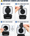 Pro Grade 2K Webcam For Pcs Featuring Warm Led Ring And Punchy Dual Mic Plus Handy Privacy Slider showing setup steps.