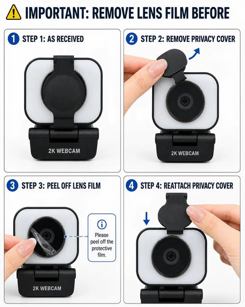 Pro Grade 2K Webcam For Pcs Featuring Warm Led Ring And Punchy Dual Mic Plus Handy Privacy Slider showing setup steps.