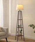 Farmhouse Style 65 Inch Floor Lamp With Three Tier Wood Shelves And Beige Linen Drum Shade Tall Standing Reading Light For Living Room Bedroom And Office