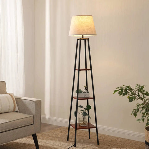 Farmhouse Style 65 Inch Floor Lamp With Three Tier Wood Shelves And Beige Linen Drum Shade Tall Standing Reading Light For Living Room Bedroom And Office