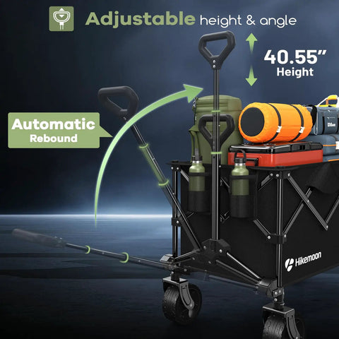 Side view of Beast 150L Collapsible Wagon Cart With 420Lb Heavy Duty Frame, loaded with camping gear, showing adjustable handles.