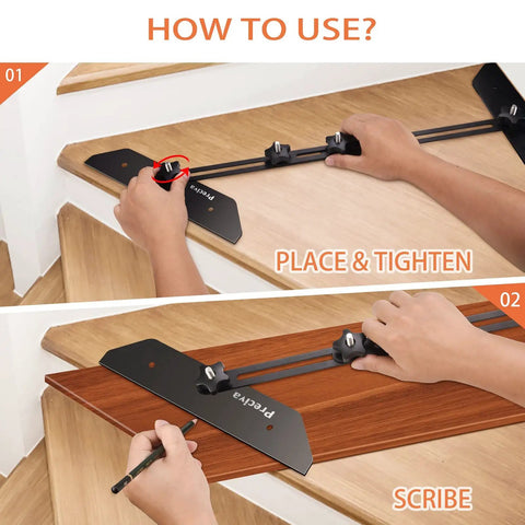 Using Stair Tread Template Tool For DIY Projects to align and mark stair treads with adjustable jig, extends 8 to 64 inches, easy measuring.