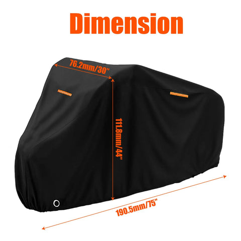 Waterproof Adult Tricycle Cover for 3-Wheeled Bikes and Recumbent Trikes Outdoor Indoor Dustproof Windproof UV Protection Heavy-Duty 210D Oxford PU Coated Fits Most Trikes 75L x 30W x 44H Black, shown with dimensions
