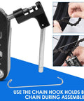 Close-up of a chain tool in 14 In 1 Bike Repair Tool Kit With Under Seat Saddle Bag for assembly, showing usage and chain hook.