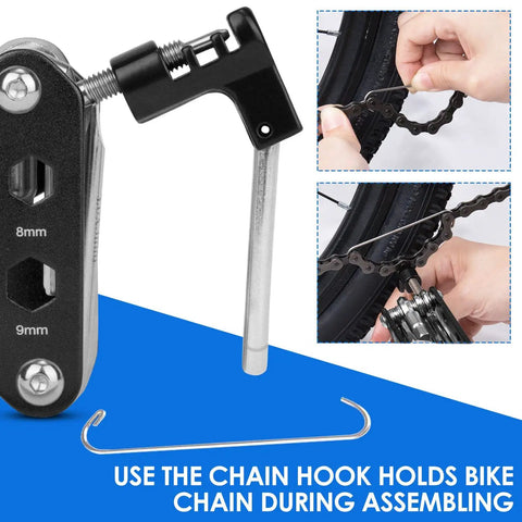 Close-up of a chain tool in 14 In 1 Bike Repair Tool Kit With Under Seat Saddle Bag for assembly, showing usage and chain hook.