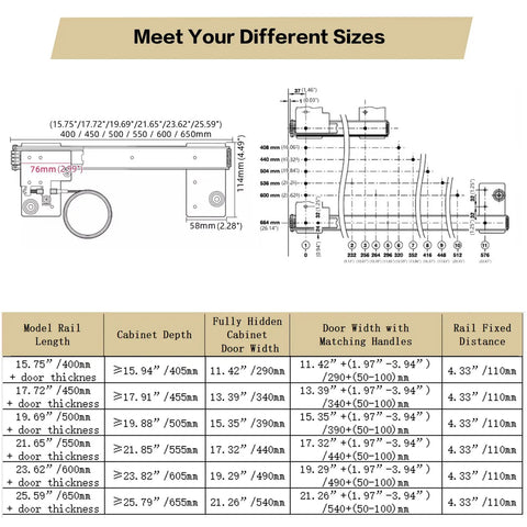 Slick Heavy Duty Pocket Door Slide Hinge Kit With Thick Cold Rolled Steel And Dual Row Ball Bearings For A Damn Smooth Invisible Sliding Motion On Inset Wood Doors size chart with measurements and specifications.