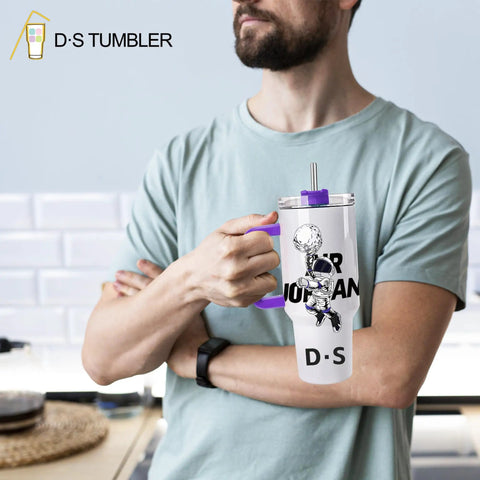 Person holding 40 Oz Sublimation Tumbler Set With Handles Insulated Stainless Steel Travel Cups 4 Pack With Gift Boxes