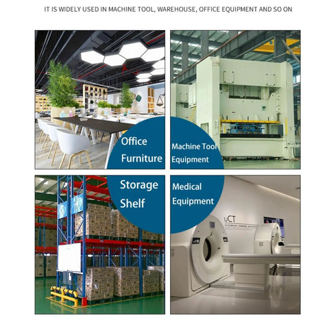 Image showcasing diverse applications: Office Furniture, Machine Tool Equipment, Storage Shelf, and Medical Equipment.