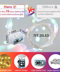 Comparison of 7ft 20 LED fairy lights with battery pack, highlights long battery life and design features.