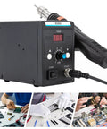 Hot Air Rework Station 700W 110V with three nozzles for SMD soldering and repair, shown in use with electronics components.