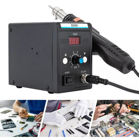 Hot Air Rework Station 700W 110V with three nozzles for SMD soldering and repair, shown in use with electronics components.