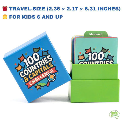 Ultimate Geography Flash Cards Set With 100 Countries Capitals Flags Maps And Continent Codes For Kids, travel-size box displayed