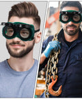 Four Pack Welding Safety Goggles With Flip Up Design on a man, showcasing heavy-duty eye protection for industrial work.