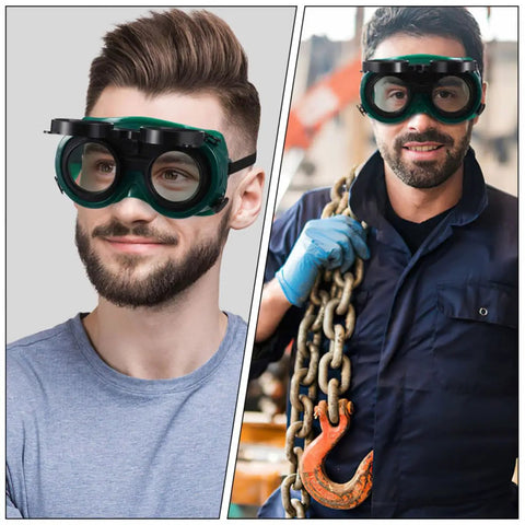 Four Pack Welding Safety Goggles With Flip Up Design on a man, showcasing heavy-duty eye protection for industrial work.