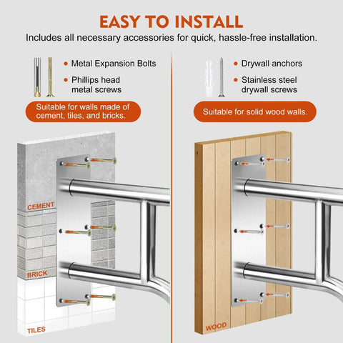 Installation guide for Top Shelf 304 Stainless Steel Handrails For Outdoor Steps Wall Mount showing cement and wood wall setups.