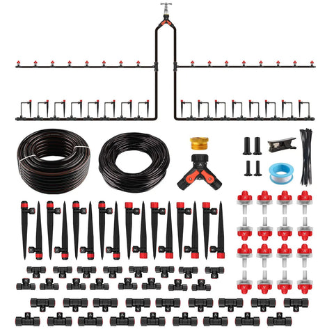 230-Foot All-In-One Drip Irrigation Kit with one half inch and one quarter inch quick connect tubing, 32 adjustable emitters