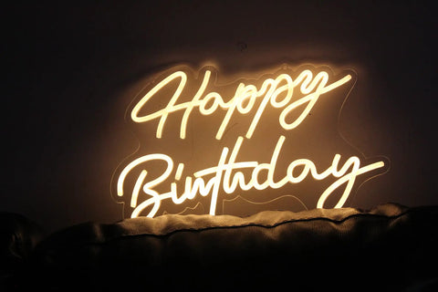 LED Neon Sign Night Light For Wall Decor And Party Vibe Perfect For Bedroom Living Room Bar Wedding Birthday Christmas USB Powered 5V Low Voltage Neon Sign With Easy Hang Chain Light Modulator 16.5 x 9.1 Inches showing 'Happy Birthday' text