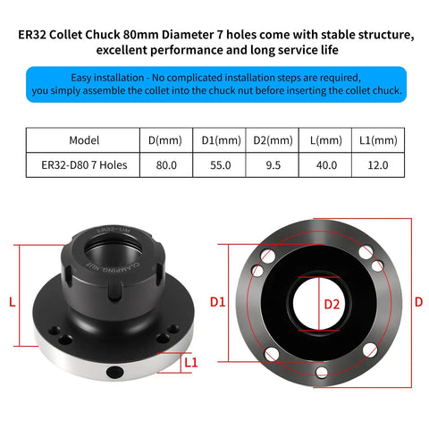 Diagram of ER32 Collet Chuck 80mm Diameter 7 Hole Precision Lathe Tool for CNC Milling with dimensions