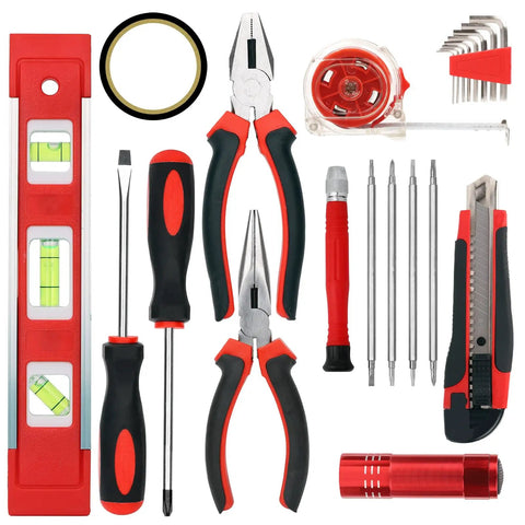 All In One 38 Piece Home Tool Kit With Portable Box including pliers, screwdrivers, and tape measure for DIY and auto repairs
