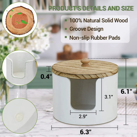Go-To Coffee Filter Holder With Lid For Countertop Storage, shown with solid wood lid and dimensions, in kitchen setting.