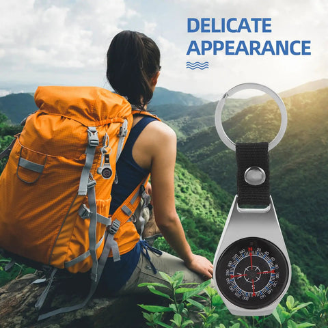 Hiker with backpack and Mini Zinc Alloy Compass Keychain Set For Outdoor Adventures, High-Precision Pocket Compass with key ring