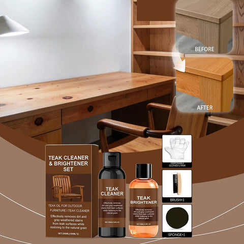 All In One Teak Wood Cleaner And Restoration Kit With Brightener for furniture showing bottles and application tools before and after use