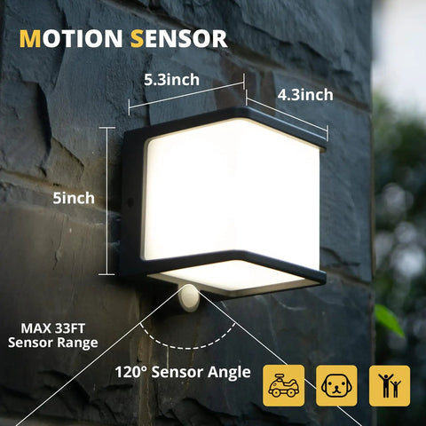 Solar Motion Sensor Outdoor Led Wall Light IP65 Waterproof Dusk To Dawn Wireless Fence Light dimensions shown on wall.
