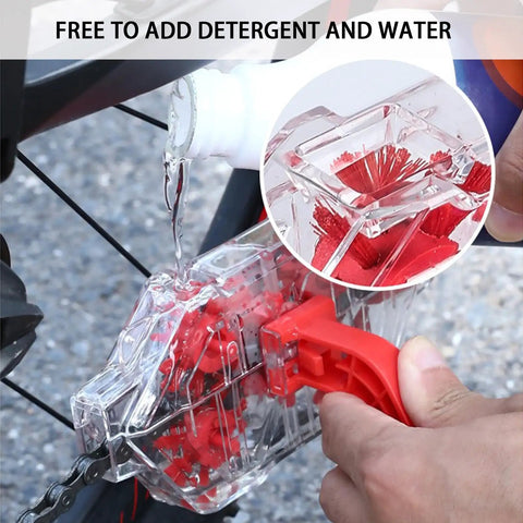 Ultimate Bike Chain Cleaning Kit With Deep 360 Degree Clean, clear housing, red nylon brushes, detergent being poured