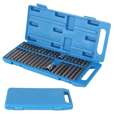 40 Piece Star Spline Hex Socket Bit Set with One Half Inch and Three Eighth Inch Square Drive, blue toolbox open