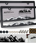 Mountain License Plate Frame Set, Black Plastic Car Tag Holder Bracket With Screws And Caps, 2 Pack, Silver On Black