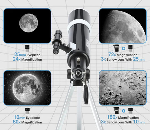 Beginner Friendly 80mm Refractor Telescope Kit with 600mm Focal Length showing eyepieces and magnification options for Moon observation.