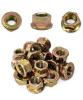 Thirty Piece Heavy Duty Exhaust Serrated Spin Hex Lock Nuts M10x1.25 stacked with various angles and colors, durable automotive fasteners.