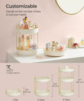 Three Tier Round Rotating Makeup And Skincare Organizer For Vanity Countertop Must Have Customizable Storage Lazy Susan Style Space Saving Cosmetic Display Durable Metal And PET Plastic Gift Ready Cloud White shown in 1, 2, and 3 tier options on a countertop.