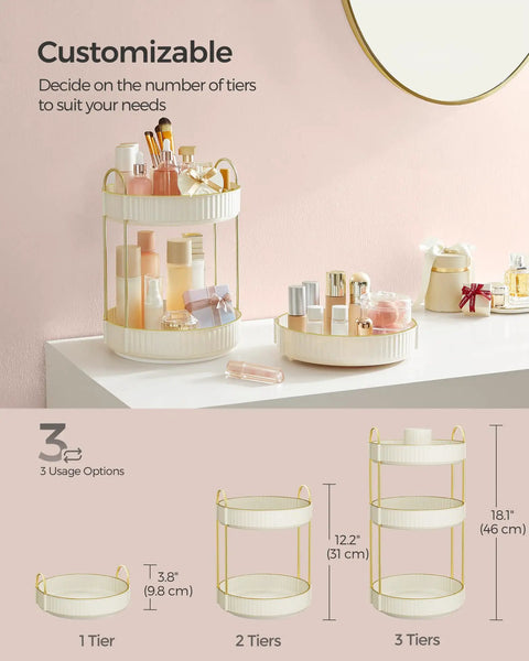 Three Tier Round Rotating Makeup And Skincare Organizer For Vanity Countertop Must Have Customizable Storage Lazy Susan Style Space Saving Cosmetic Display Durable Metal And PET Plastic Gift Ready Cloud White shown in 1, 2, and 3 tier options on a countertop.